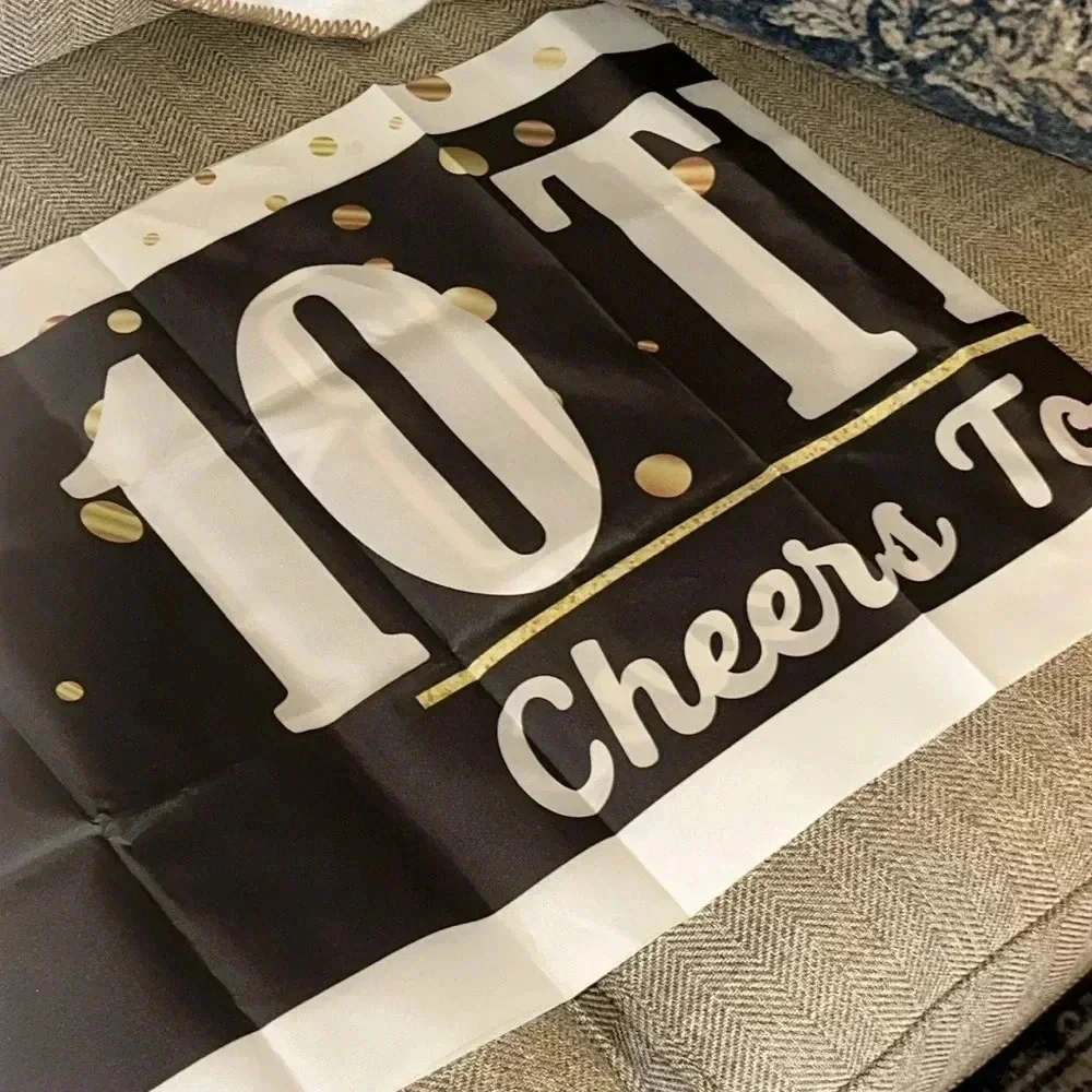 happy 10th birthday party celebration hanging plastic banner black/white/gold